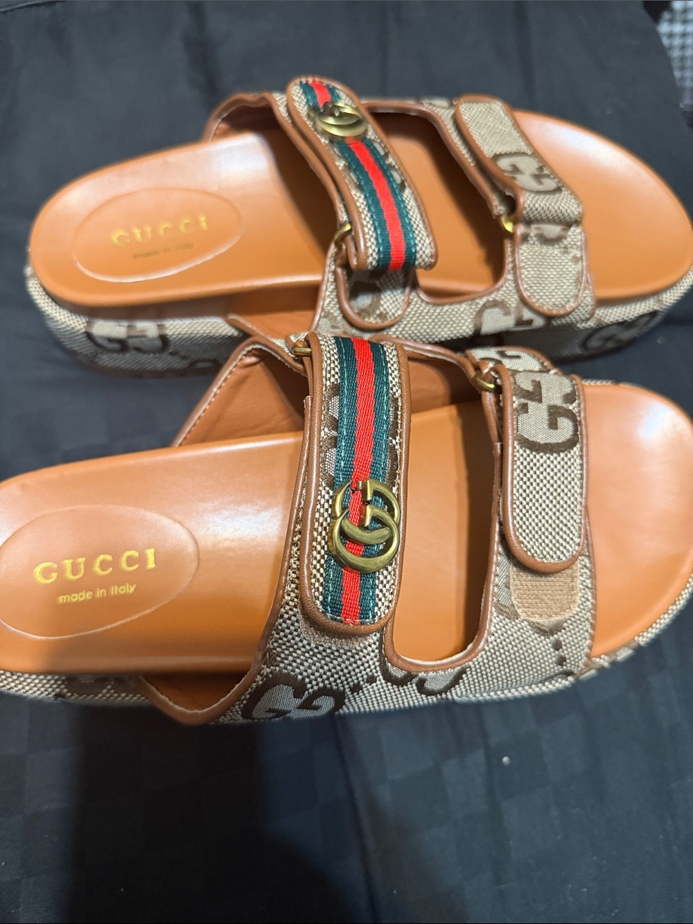 Gucci Brown GG Canvas Slide Sandals with Red-Green Web Stripe